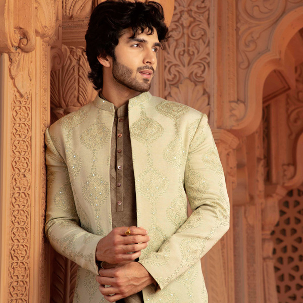 A bespoke light cilantro green open bandhgala jacket - Image 2