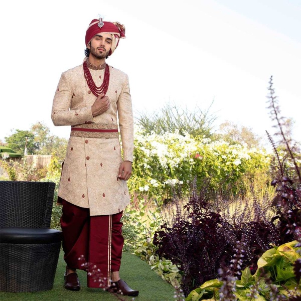 Beige sherwani with thread embroidery all over - Image 2