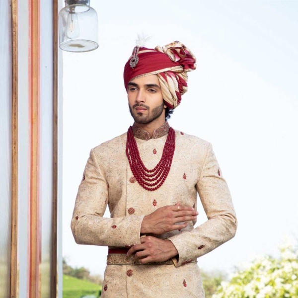 Beige sherwani with thread embroidery all over