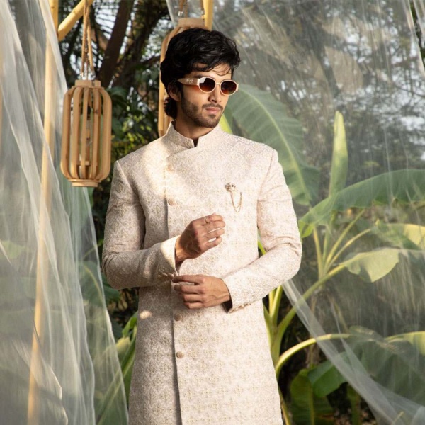 Peach puff sherwani with crystal embellishment all over - Image 2