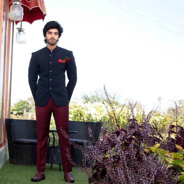 Royal blue bandhgala accessorised with pocket square & peacock feather brooch - Image 2