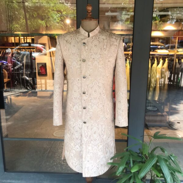 Old rose sherwani with thread embroidery all over