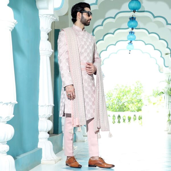 An asymmetrical cherry blossom high low cut sherwani. It is enhanced with thread and mirror work all over. - Image 2