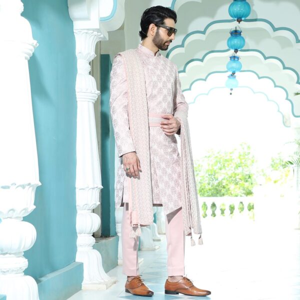 An asymmetrical cherry blossom high low cut sherwani. It is enhanced with thread and mirror work all over. - Image 3