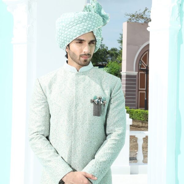 Full hand embroidered Pearl grey Sherwani with mirror work detailing. - Image 2