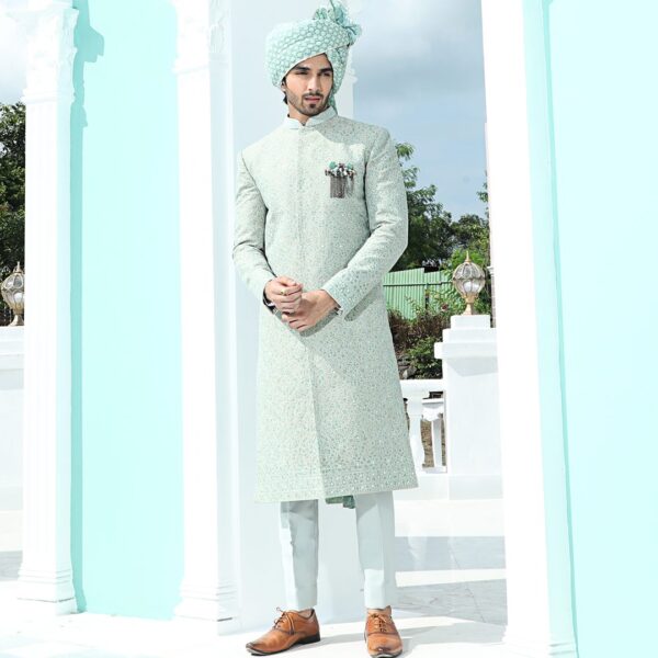 Full hand embroidered Pearl grey Sherwani with mirror work detailing.