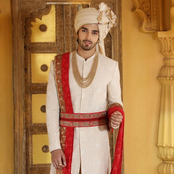 Pistachio all over antique embroidery sherwani.