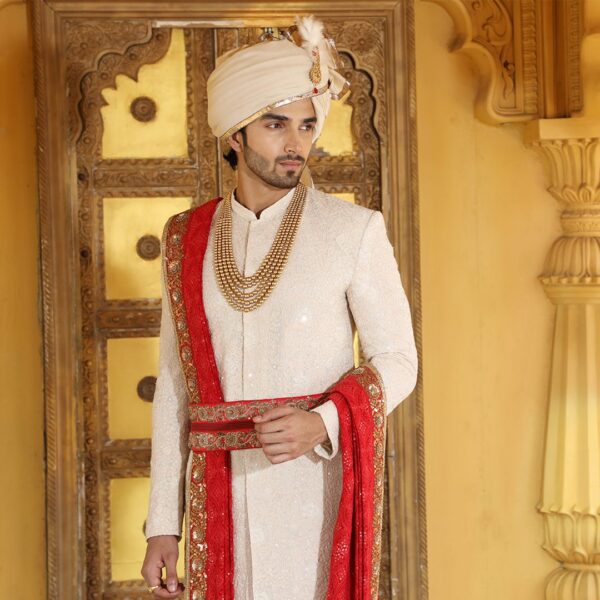 Pistachio all over antique embroidery sherwani. - Image 3