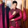 Plum color open jacket with slight round hemline. Hand embroidered flowers add style quotient to the ensemble. - Image 2