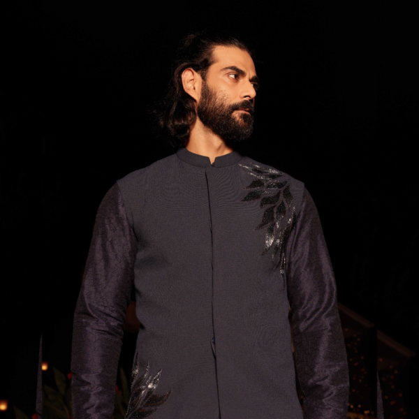 Midnight blue basic overlapping jacket with surface detailing of streaming leaf made with bugle beads. - Image 2