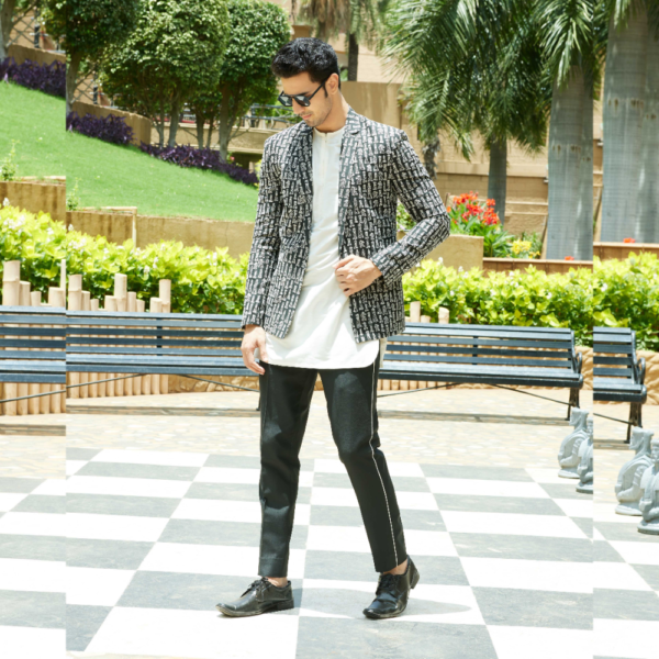 Black geometric chess motif embroidered Blazer.