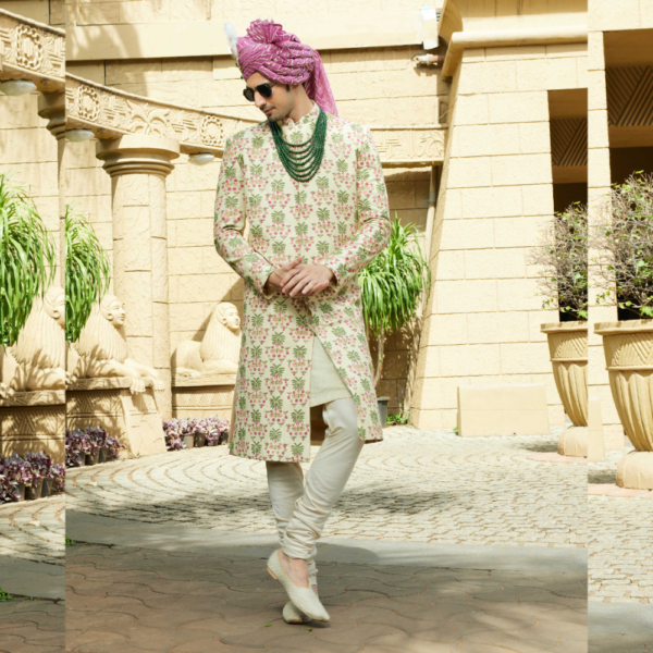 Banana and horse motif multicolor pistachio sherwani with round collar.