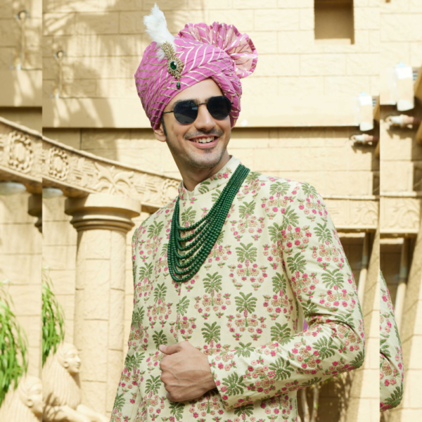 Banana and horse motif multicolor pistachio sherwani with round collar. - Image 2