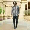 Black abstract curve line printed shirt.