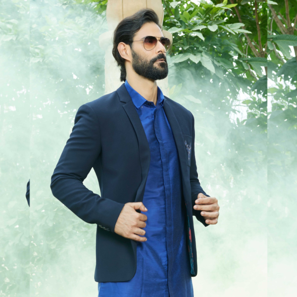 Midnight blue textured blazer with caribou head hand embroidered pocket motif. - Image 2