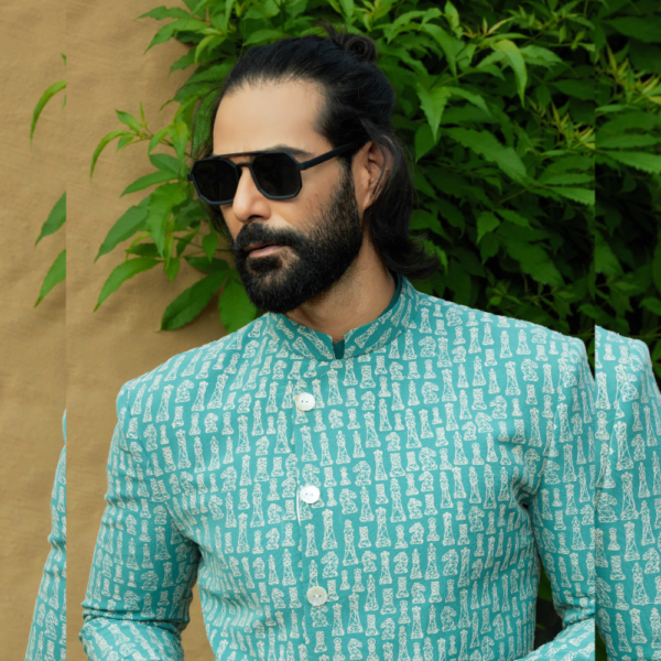 Aqua geometric chess hand embroidered bandhgala with straight collar and hemline. - Image 2