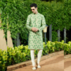 Celery green foliage hand embroidered kurta.