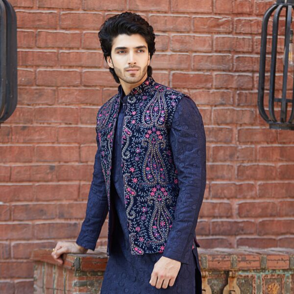 Midnight blue front open jacket  embroidered with plum and french rose flowers all over paired with midnihgt blue kurta. - Image 2