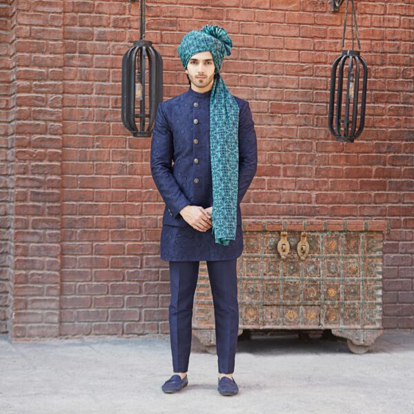 Midnight Blue astronomy art full embroidered overlapped assymetric Jodhpuri Coat.