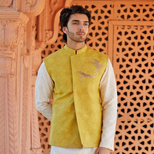 Golden Yellow time travel space full emboidred overlapped jacket with tsuru birds and moon dust zardosi motif on one side. - Image 2