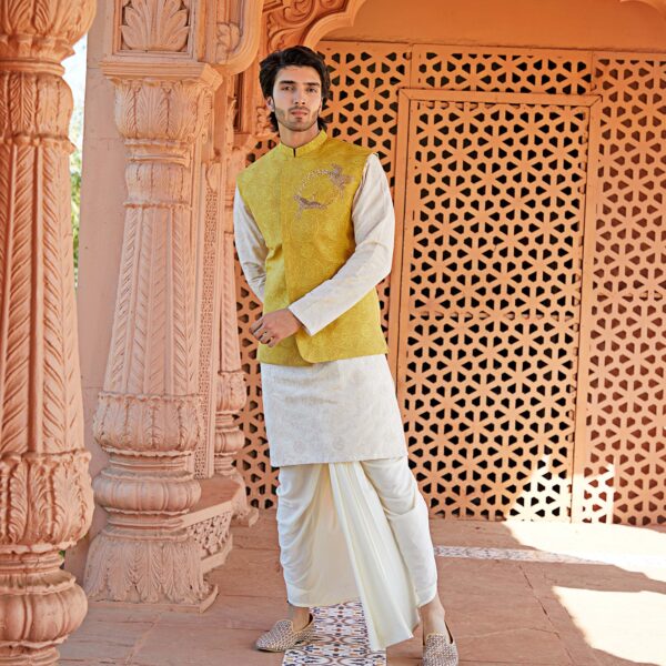 Golden Yellow time travel space full emboidred overlapped jacket with tsuru birds and moon dust zardosi motif on one side.