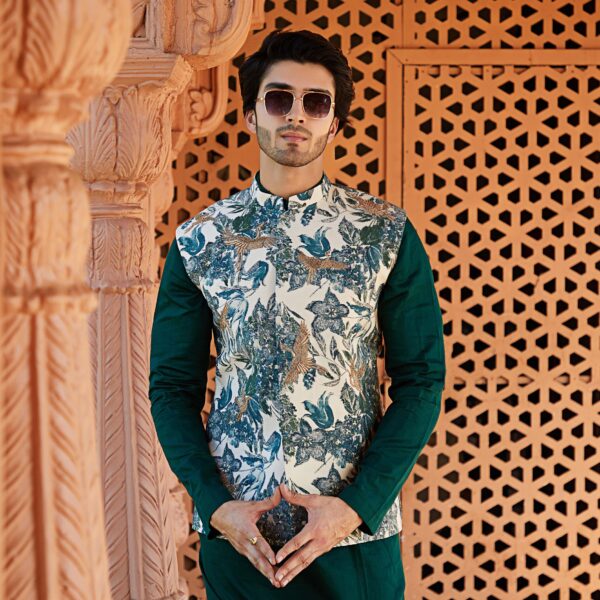 Emerald green floral  printed jacket with zardozi Japanese crane motif all over paired with emerald green kurta. - Image 2