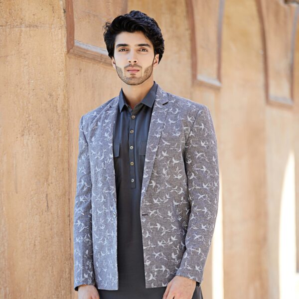 Grey blazer with thread and sequence highlighted birds all over. It is teamed up with grey pathani. - Image 2