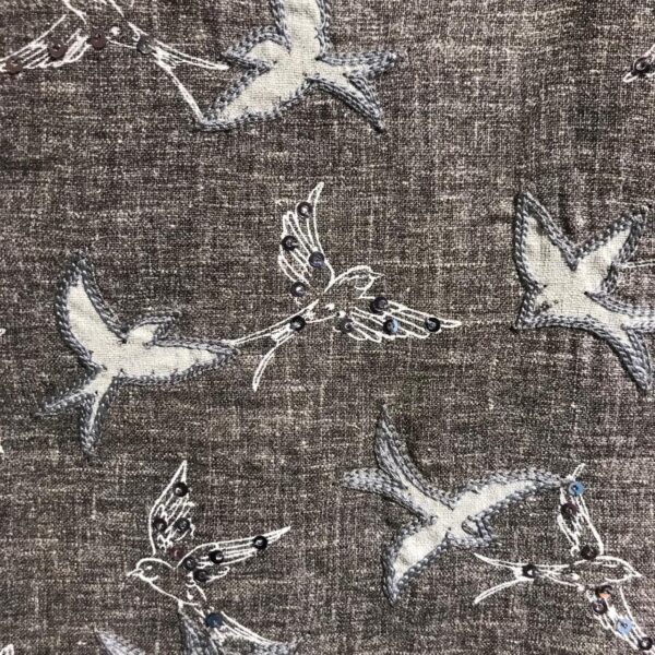 Grey blazer with thread and sequence highlighted birds all over. It is teamed up with grey pathani. - Image 3