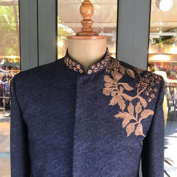 Midnight blue Mushroom embroidery all over with asymmetrical zari detailing - Image 2