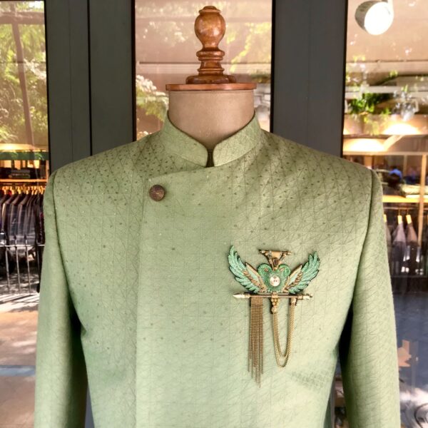 Mint green geometrical hand embroidered overlapped bandhgala accessorised with broonch - Image 2