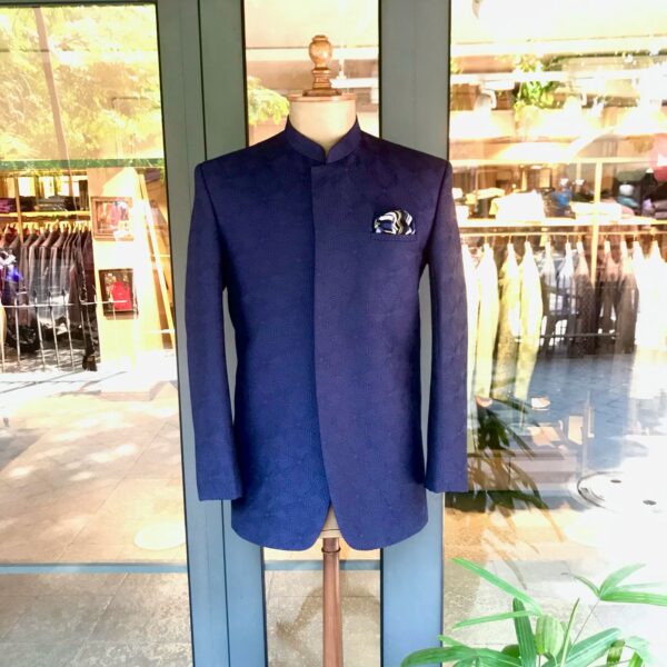 Midnight blue star hand embroidered bandhgala accessorised with pocket square