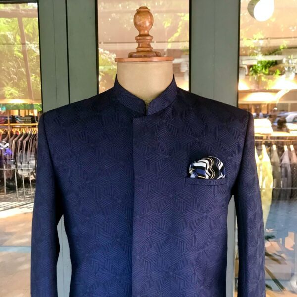 Midnight blue star hand embroidered bandhgala accessorised with pocket square - Image 2