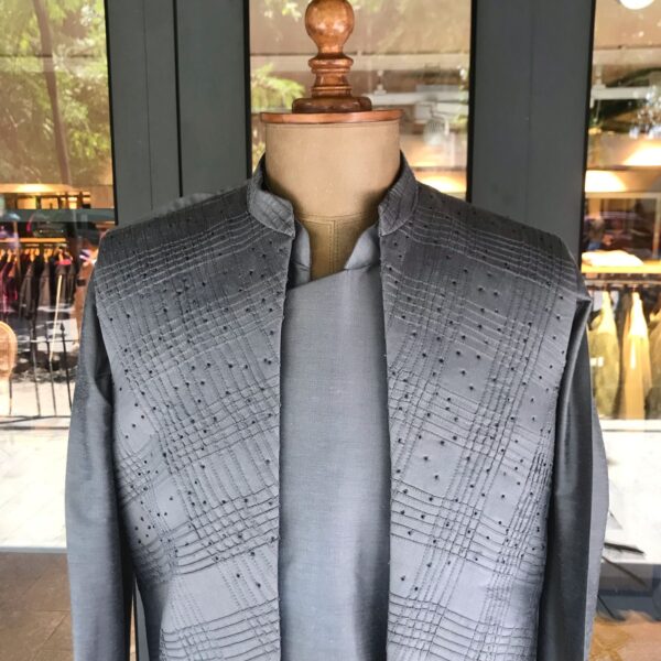 Ash grey open pattern intersecting pintuck Jacket with sequence detailing - Image 2