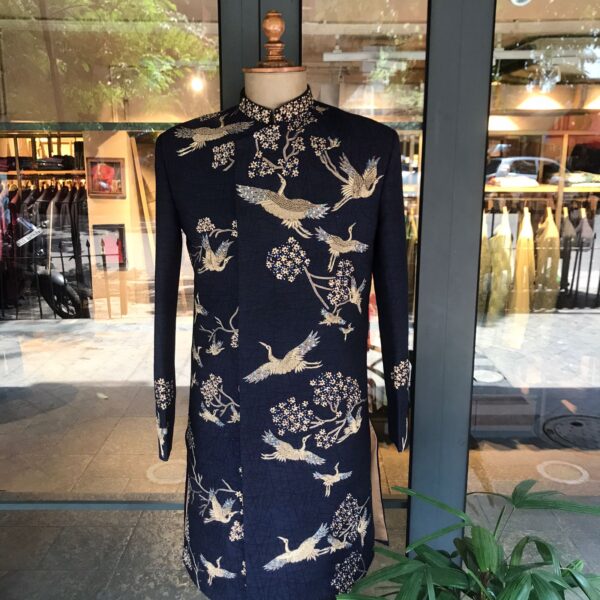 Midnight Blue Astronomy haze hand embroidered bandhgala with zardozi Japanese crane motif all over