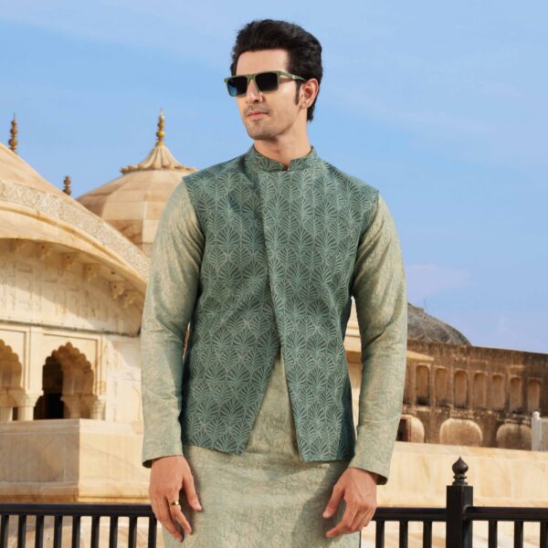 Foliage green full hand embroidered asymmetric jacket paired with knights embroidered pearl grey kurta. Matching trousers for bottom. Styled with loafers. - Image 2