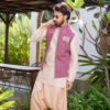 Sangaria front open jacket with abstract intersecting trim detail. Paired with old rose pintuck short kurta.