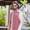 Sangaria front open jacket with abstract intersecting trim detail. Paired with old rose pintuck short kurta. - Image 2