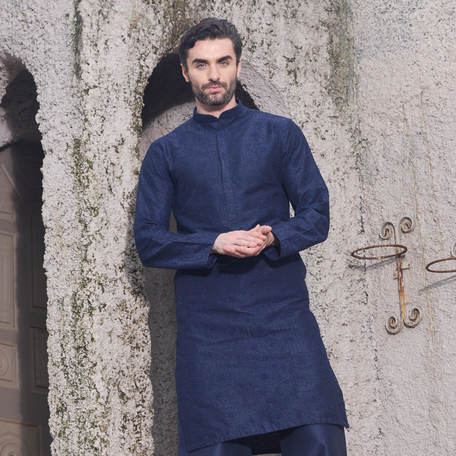 Midnight blue kurta with Birds of Paradise motif embroidered with sequins & thread on one shoulder and sleeves. Paired with midnight blue trouser. - Image 2
