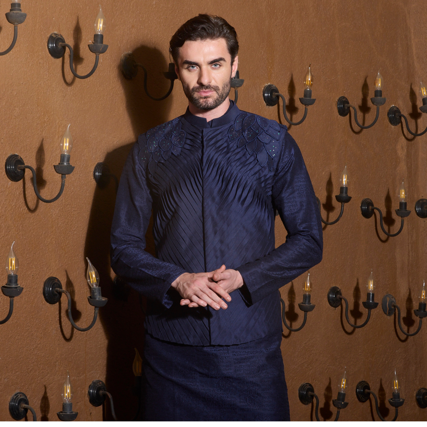 Midnight blue hand pleated Jacket with fabric leaves detailing on the shoulder. Paired with matching flared trouser. - Image 2