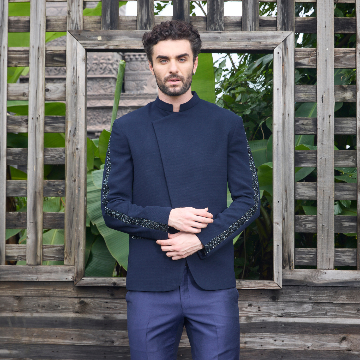 Midnight blue Jodhpuri with bugle beads embellished on both sleeves & flap pocket. Paired with matching trouser. - Image 2