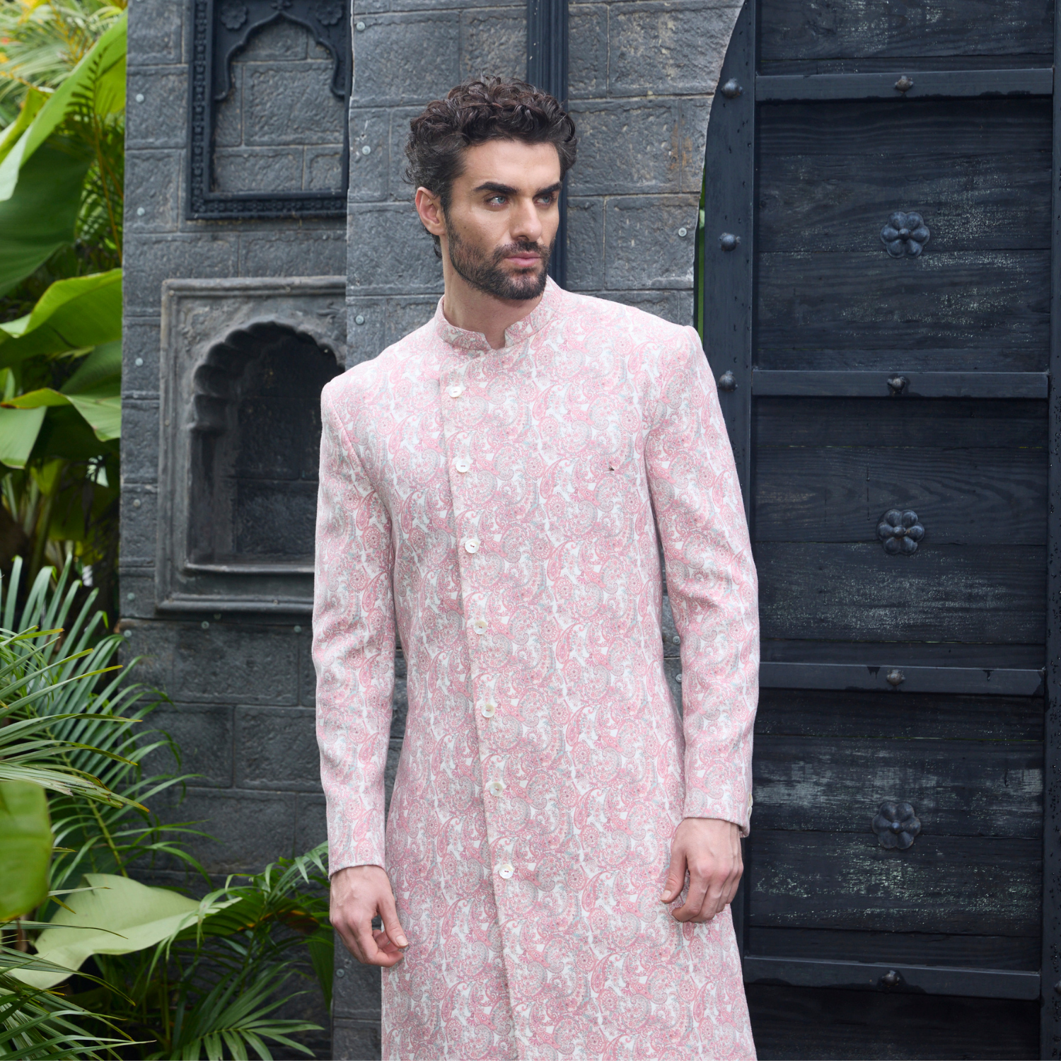 Old rose paisley printed long Bandhgala with off white trouser. - Image 2