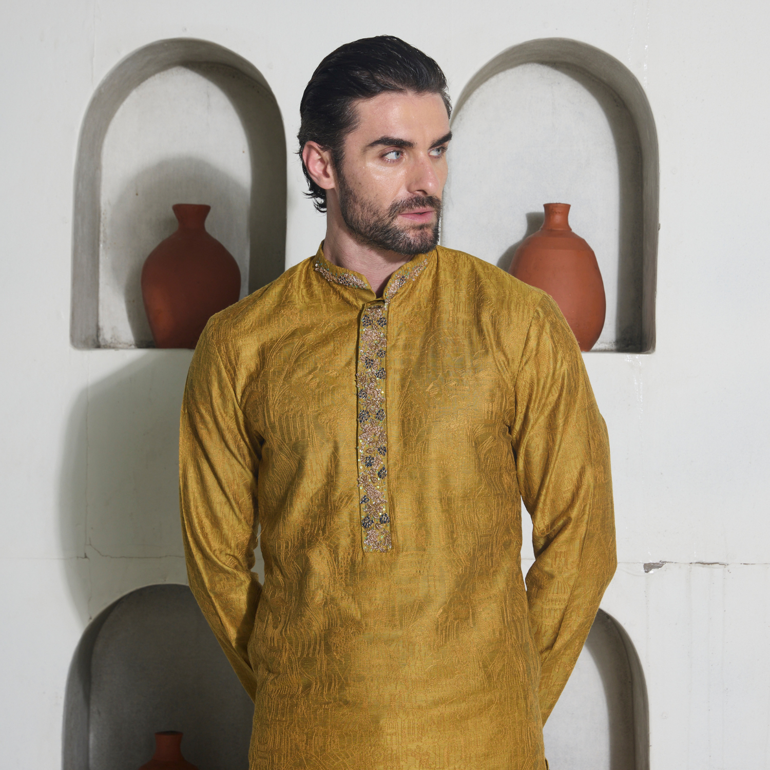 Sanctum gold  kurta with all over surface detailing of Medieval in monotone look with Hops and Leaves embroidered in antique gold on the placket. Slim fit trouser completes the look. - Image 2