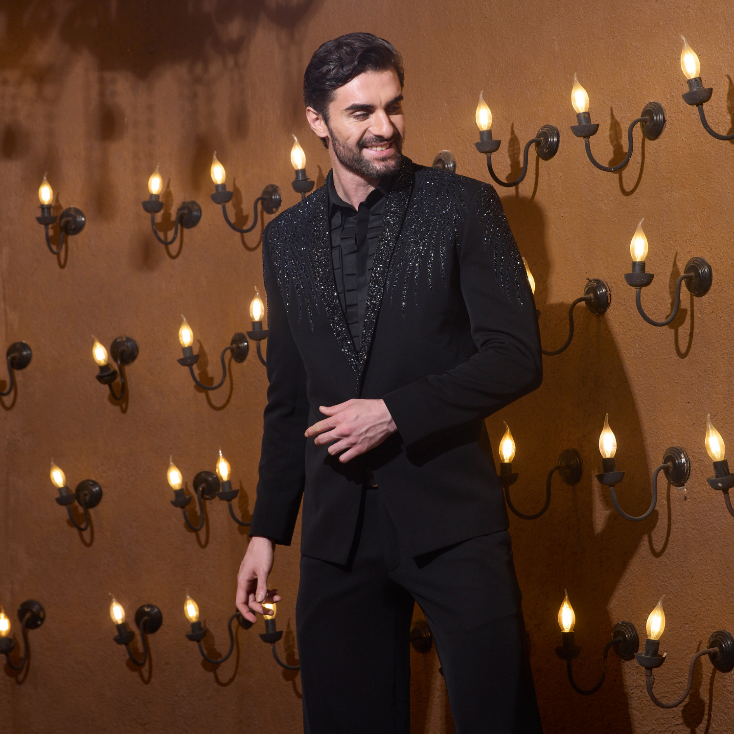Black Tuxedo with Wings of Eternity detailing on shoulder sleeve & back.  The details are accentuated with bugle beads & sequins & paired with matching vintage shirt and trouser. - Image 2