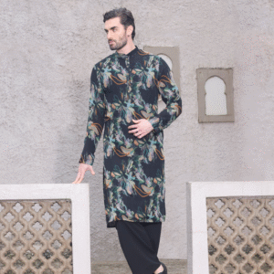 Black printed floral kurta paired with slim fit trouser.