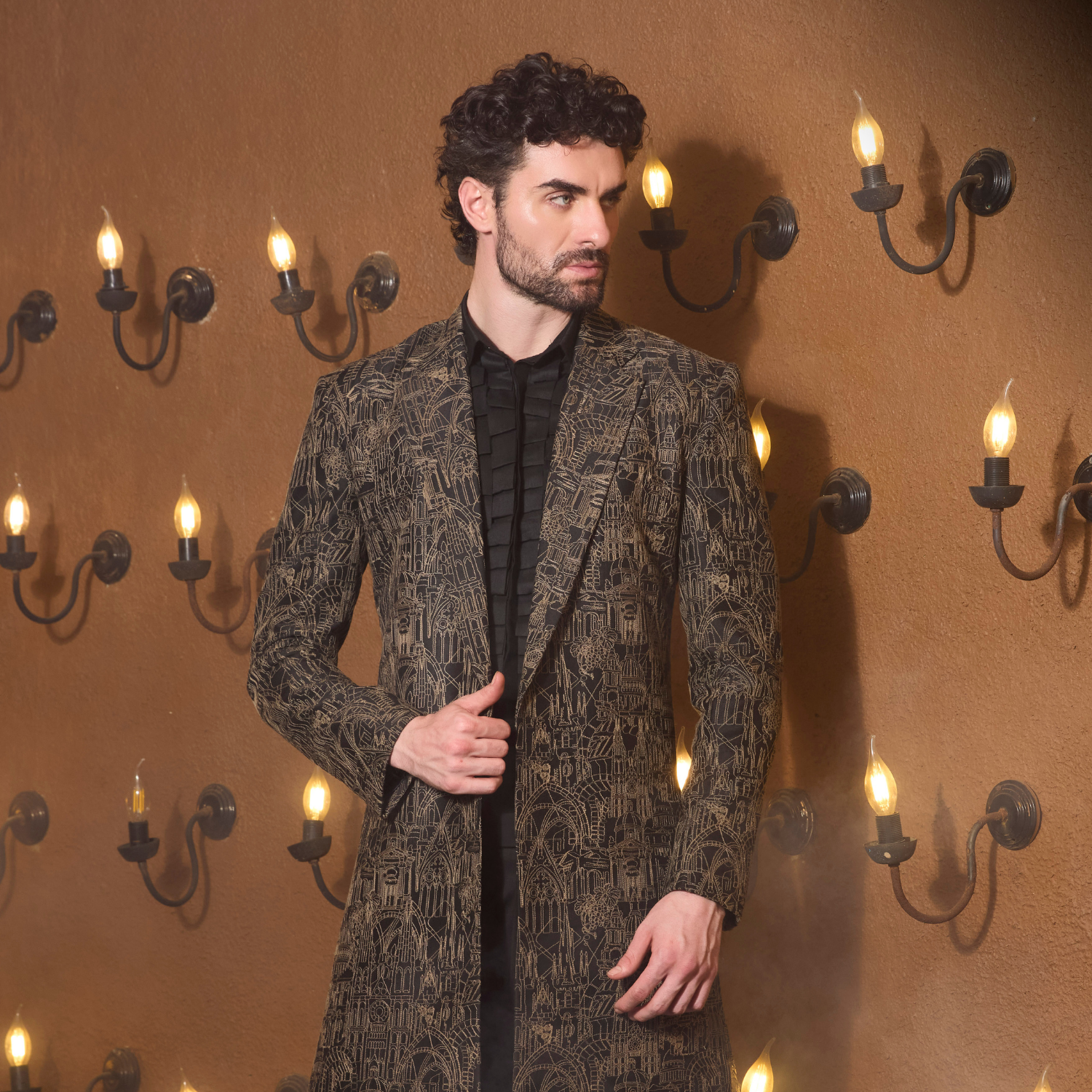 Black Long coat with full surface deatailing of Medieval embroidery. The ensemble is teamed up with Vintage shirt & heritage pleated trouser. - Image 2