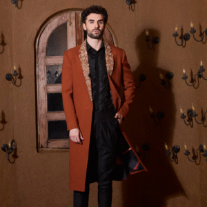 Amber Overcoat with Hops and Leaves embroidered on lapel. Paired with black Medieval shirt and heritage pleated trouser.