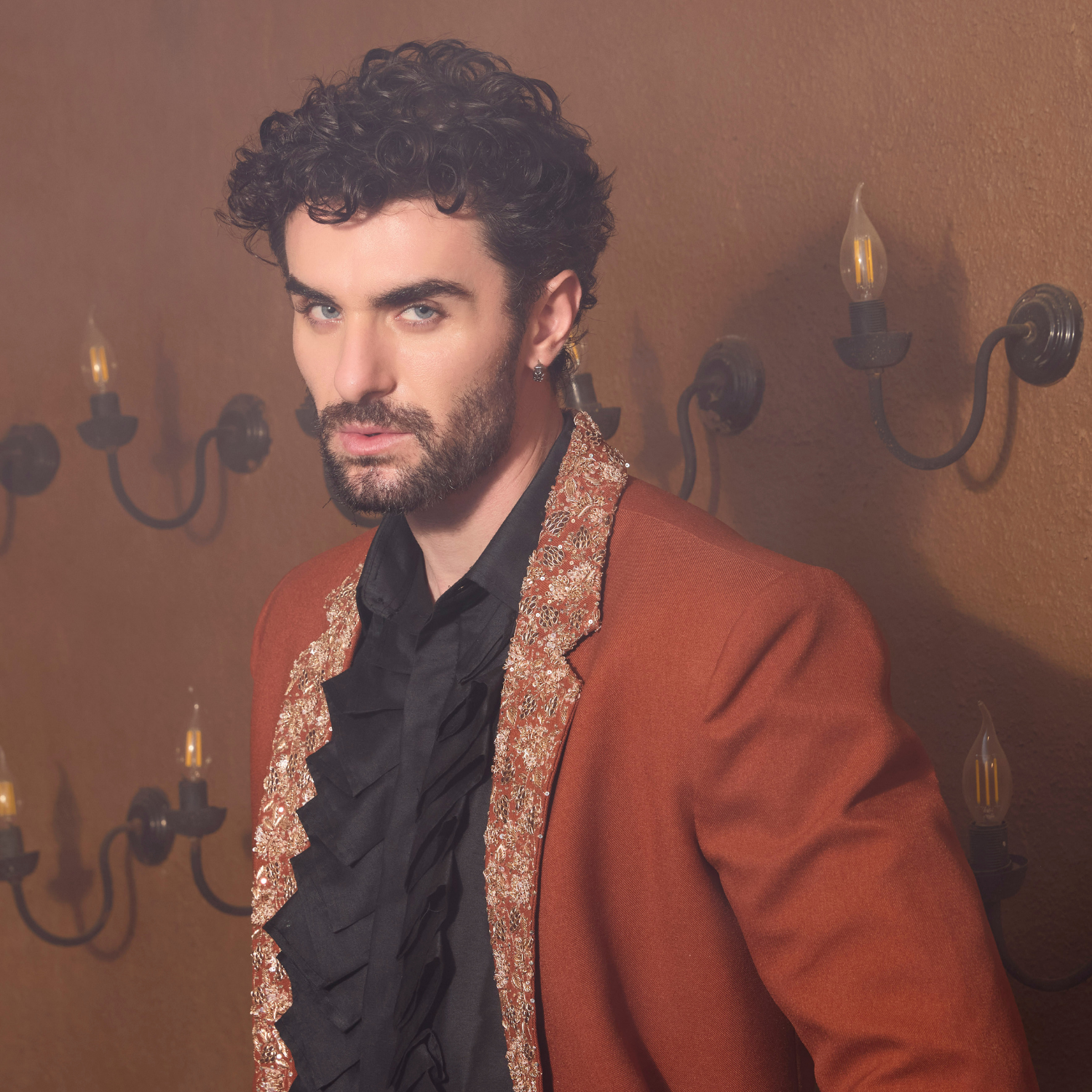 Amber Overcoat with Hops and Leaves embroidered on lapel. Paired with black Medieval shirt and heritage pleated trouser. - Image 2