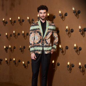 Medieval artistry printed blazer with Vintage shirt & heritage pleated trouser.