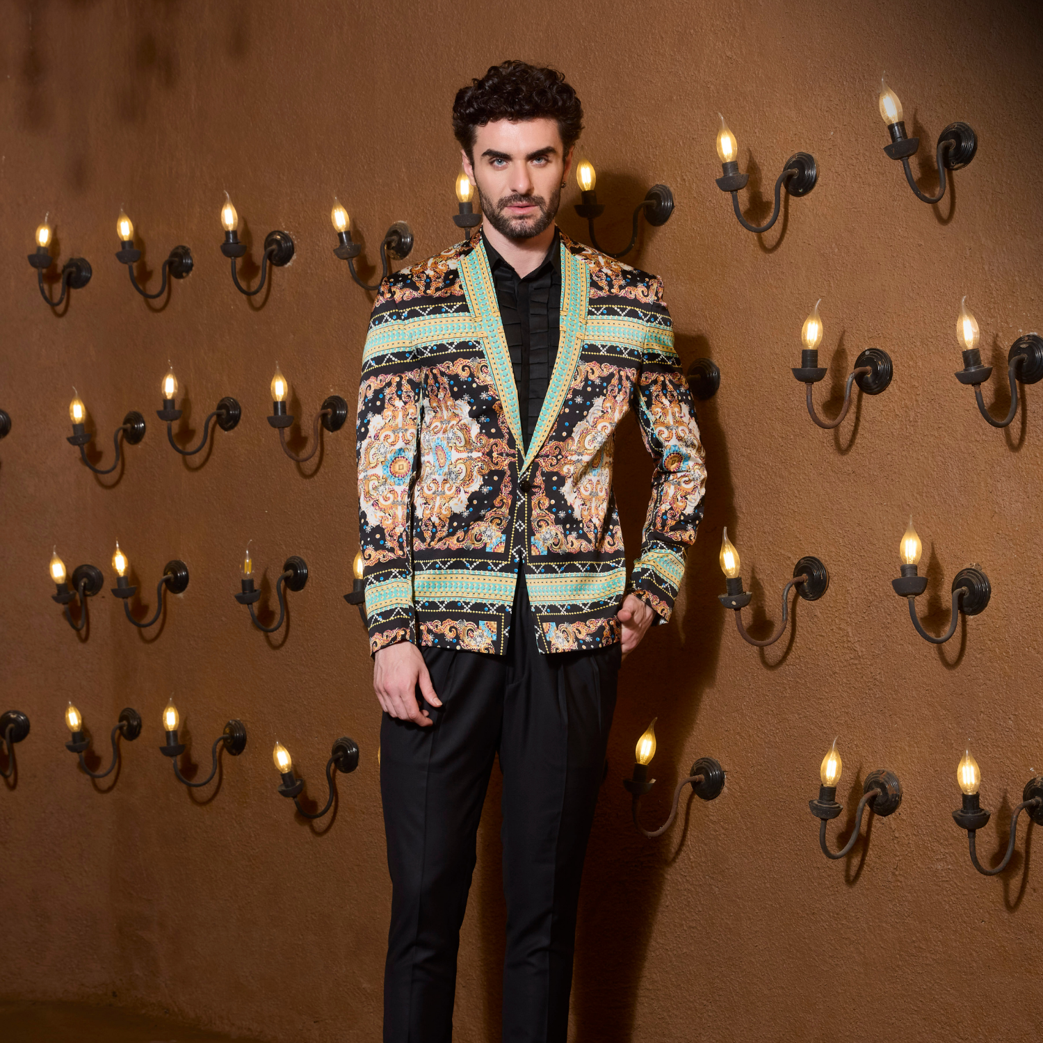 Medieval artistry printed blazer with Vintage shirt & heritage pleated trouser.