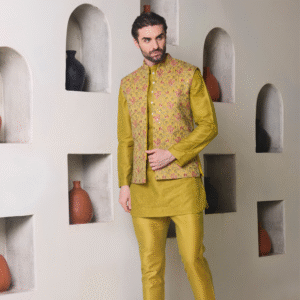 Hand embroidered guacamole Jacket teamed up with  all over surface detailing of Quatrefoil guacamole Kurta in monotone look. Slim fit trouser completes the look.